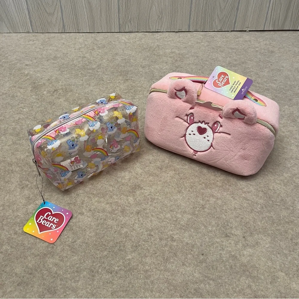 Care Bears Pink Plush And Clear Travel Makeup Cosmetic Zip Pouches New